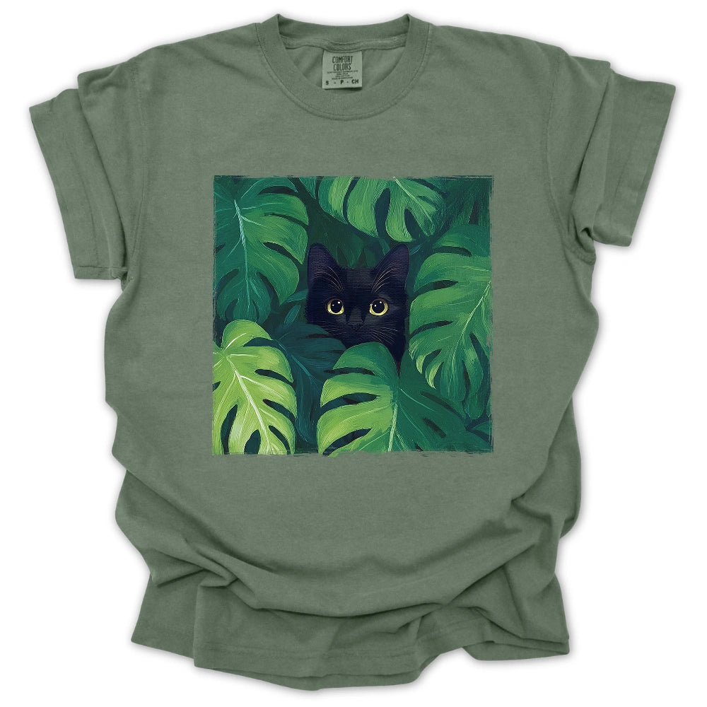 Black Cat In Monstera T-Shirt