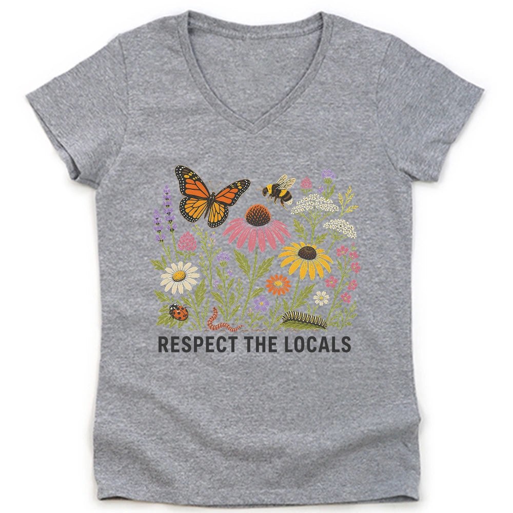Respect the Locals – Pollinator & Wildflower Garden Lady V-neck