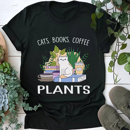 Cat Book Coffee Plants T-Shirt