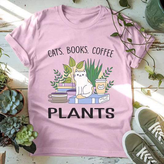 Cat Book Coffee Plants T-Shirt