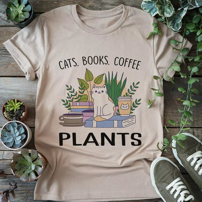Cat Book Coffee Plants T-Shirt