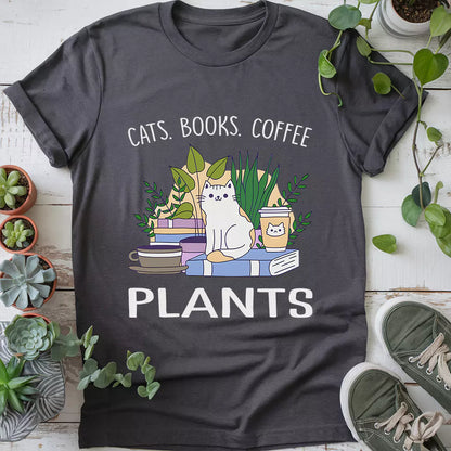 Cat Book Coffee Plants T-Shirt