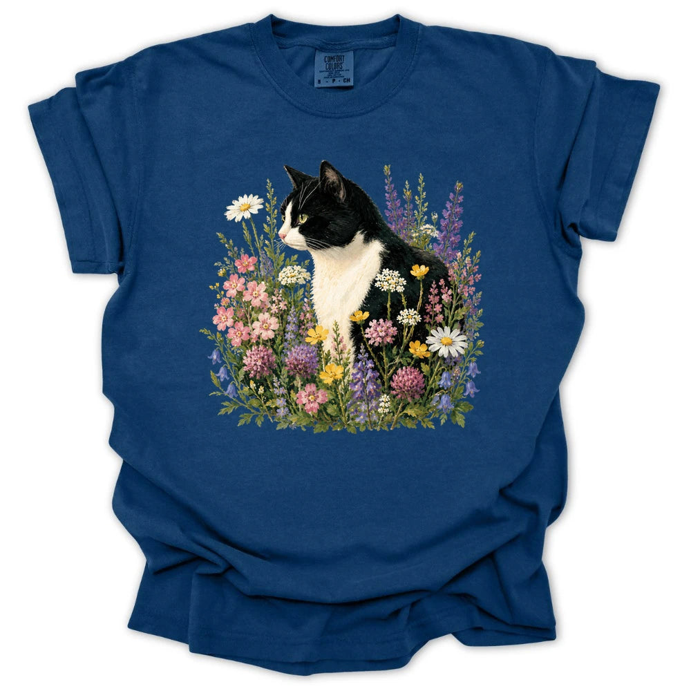 Tuxedo Cat Wildflower T-shirt
