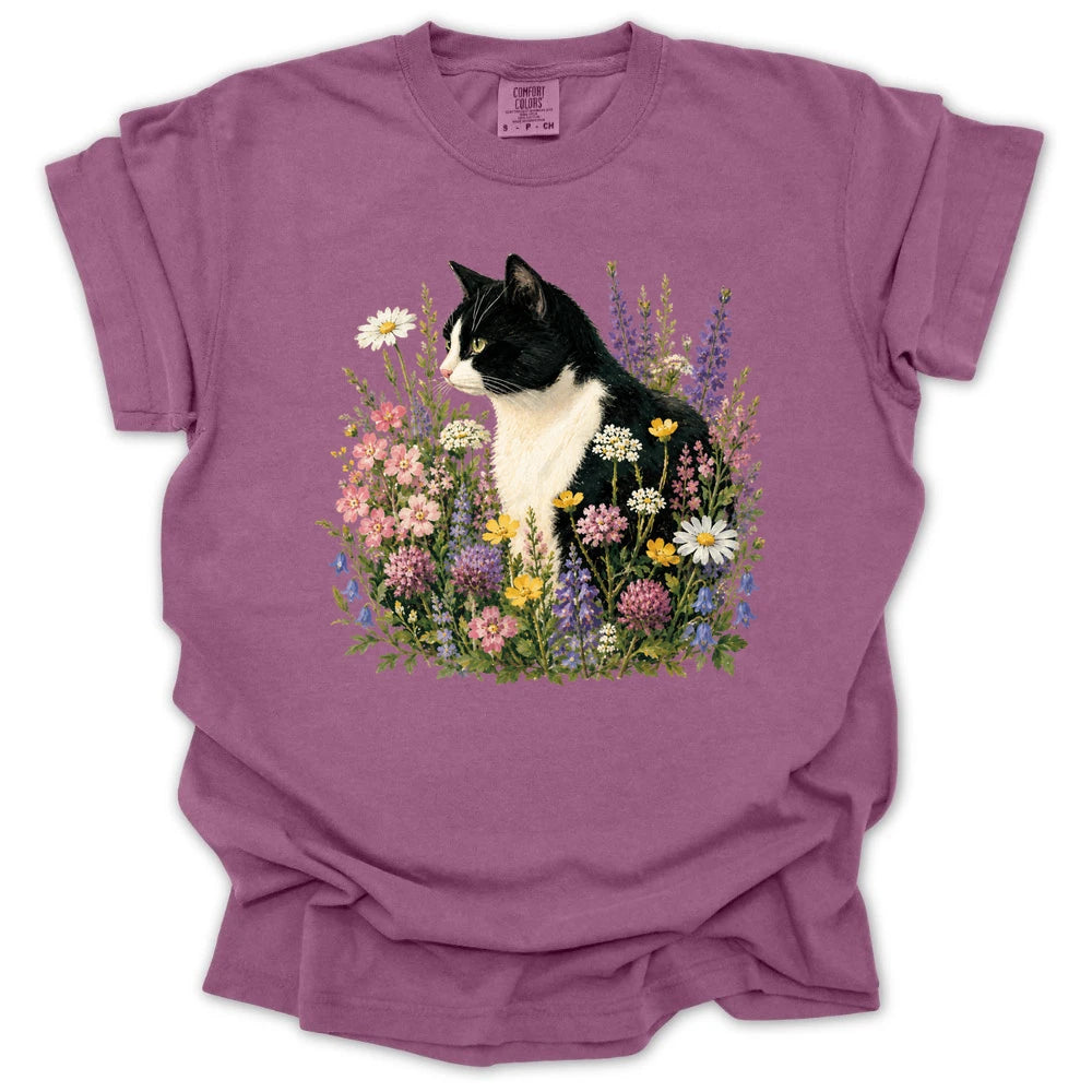 Tuxedo Cat Wildflower T-shirt