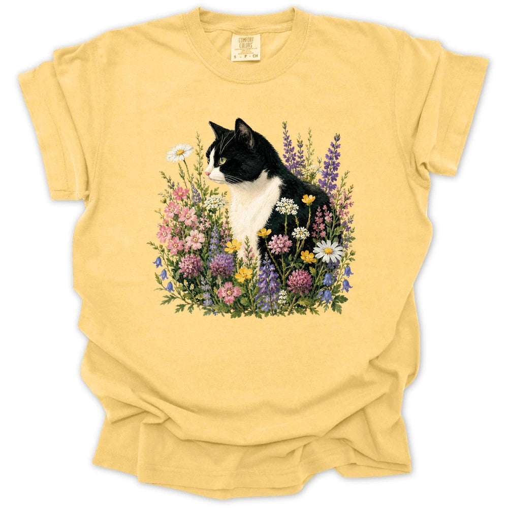 Tuxedo Cat Wildflower T-shirt