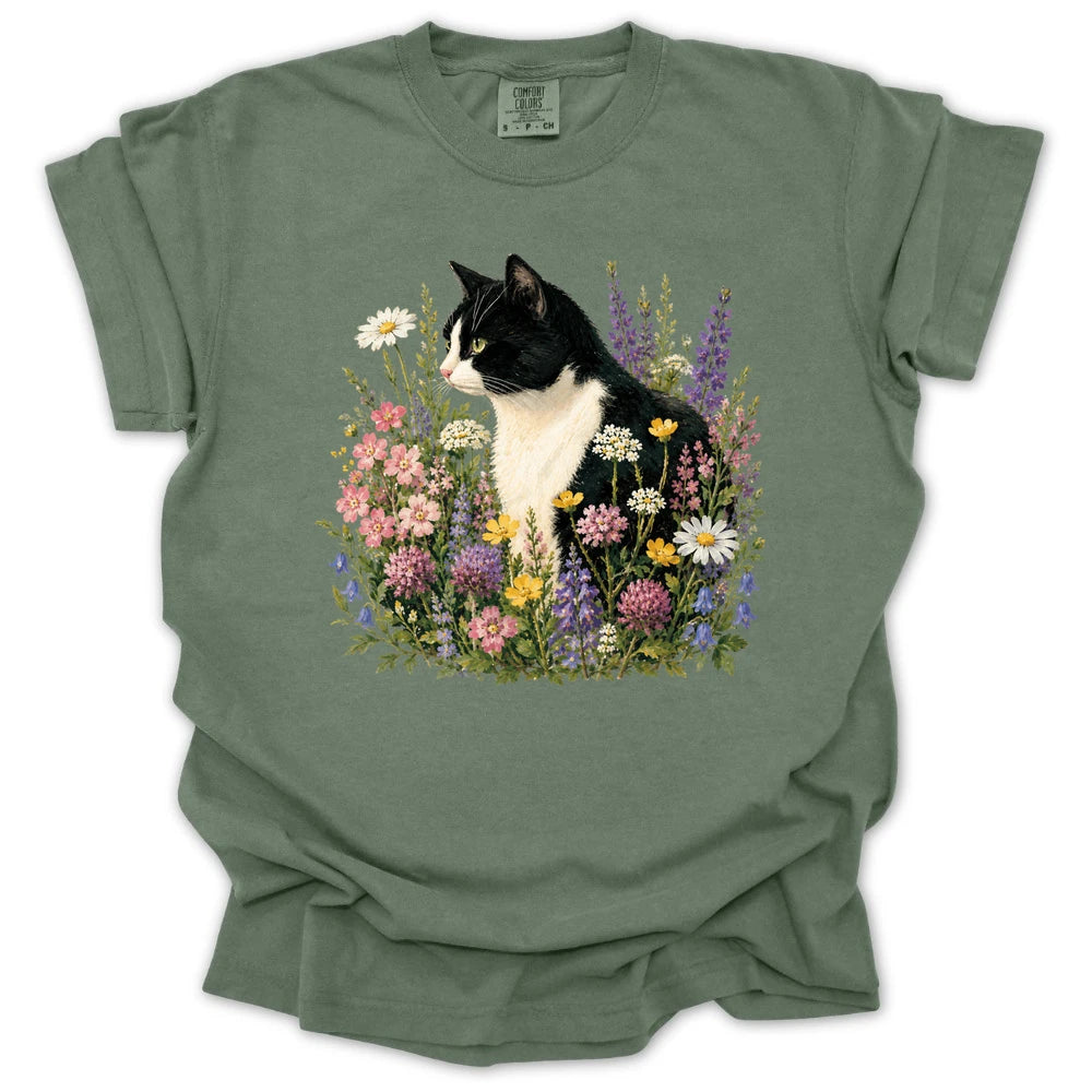 Tuxedo Cat Wildflower T-shirt