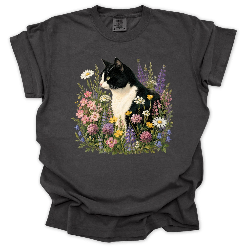 Tuxedo Cat Wildflower T-shirt