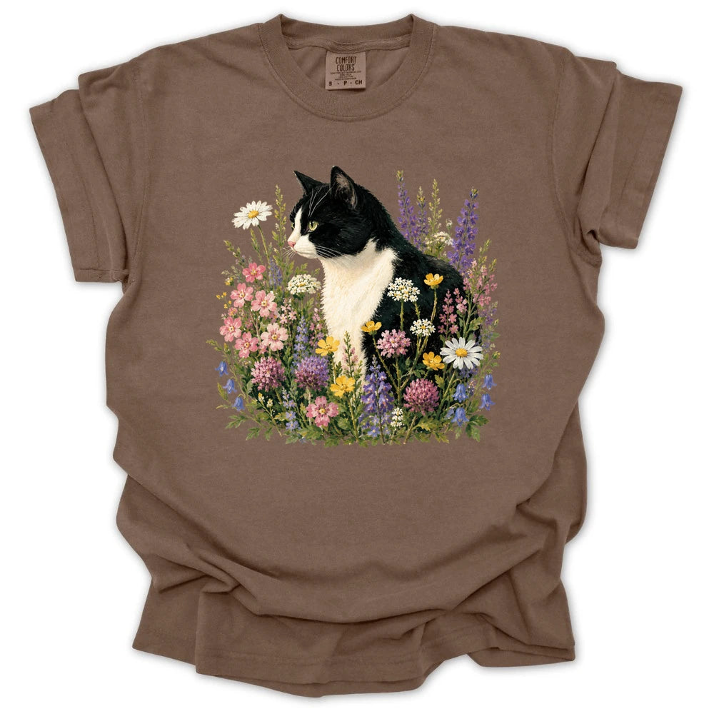 Tuxedo Cat Wildflower T-shirt